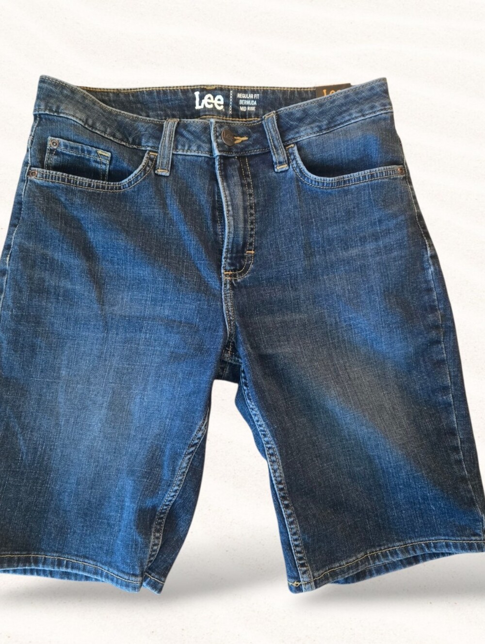 LEE Jean Shorts Women's Mid-Rise Bermuda Stretch Cotton Denim Blue Sz 8